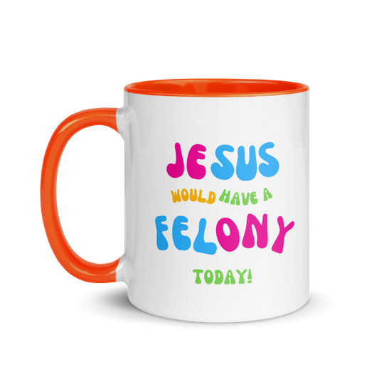 "Jesus would have a Felony today" Mug with Color Inside